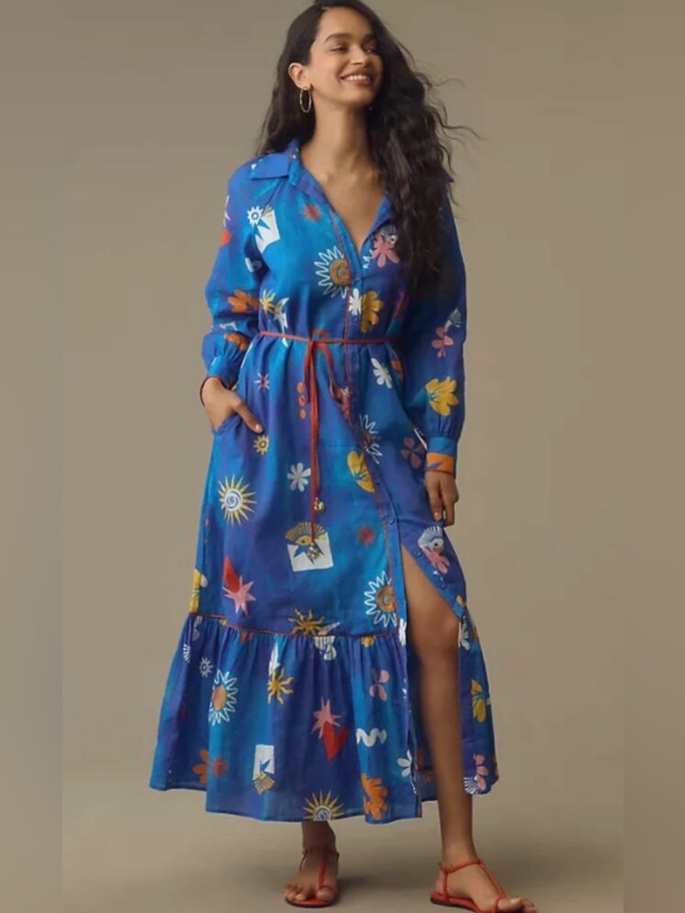 La Maise Studio Long-Sleeve Tie-Waist Maxi Dress